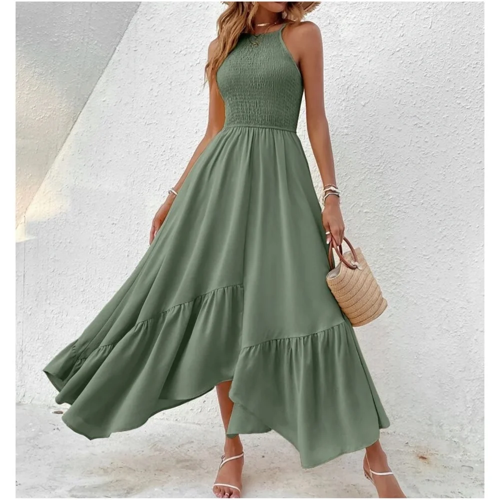 Boho Ruffle Hem Cami Solid Maxi Dress - Picture 1 of 13